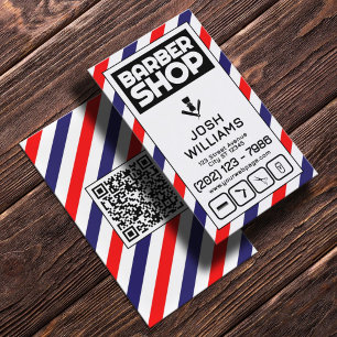 Tarjeta De Visita Rayas de barbero logo de barbería azul y rojo