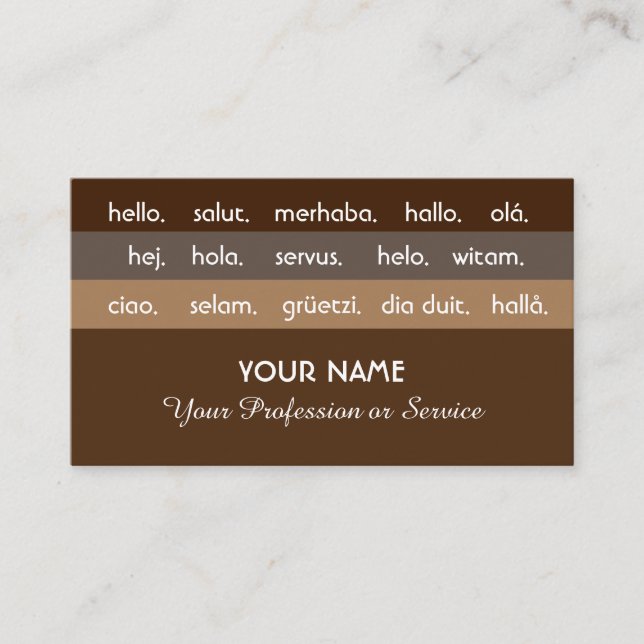 Tarjeta De Visita Rayas marrones idiomas internacionales hola (Anverso)