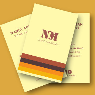 Tarjeta De Visita Rayas Retro de los 70 Monograma Amarillo