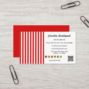 Tarjeta De Visita Rayas Rojas Blancas & Código QR & Iconos de Redes 