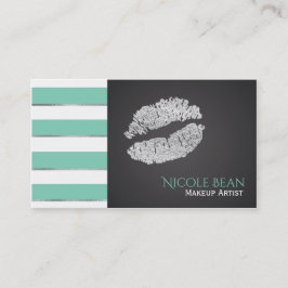 Tarjeta De Visita Rayas Verde Menta Brillo Plateado Falso Labios Chi
