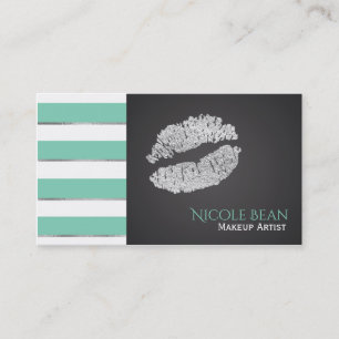 Tarjeta De Visita Rayas Verde Menta Brillo Plateado Falso Labios Chi