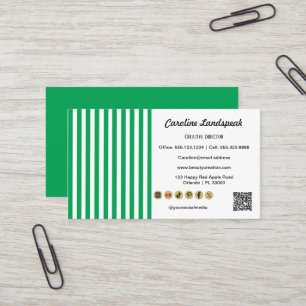 Tarjeta De Visita Rayas Verdes Blancas & Código QR & Icono de Redes 