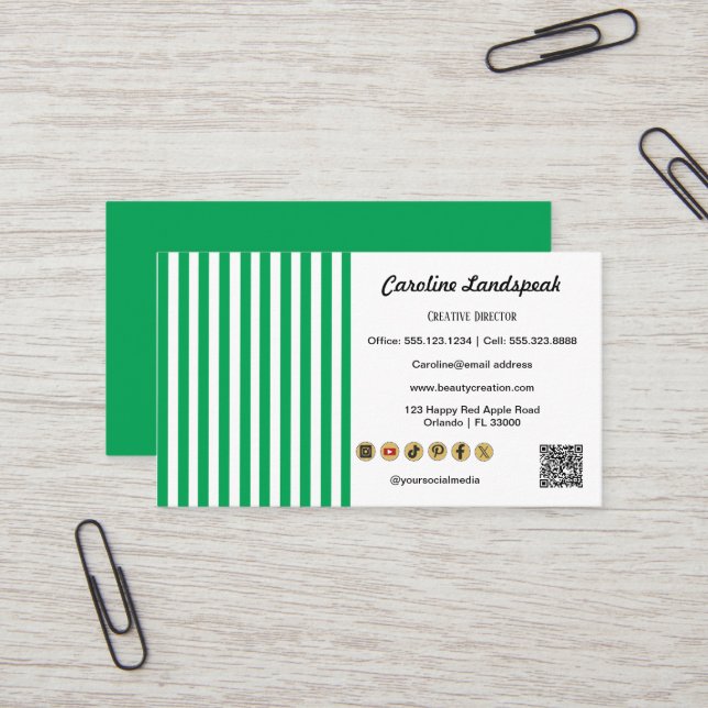 Tarjeta De Visita Rayas Verdes Blancas & Código QR & Icono de Redes  (Anverso/Reverso In Situ)