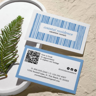 TARJETA DE VISITA RAYAS VERTICALES DE ACUARELA AZUL COSTA PLAYA 