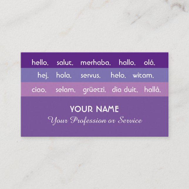 Tarjeta De Visita Rayas violetas idiomas internacionales hola (Anverso)