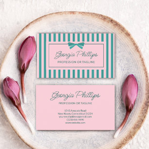 Tarjeta De Visita Rayas y lazo retro en verde azulado y rosa