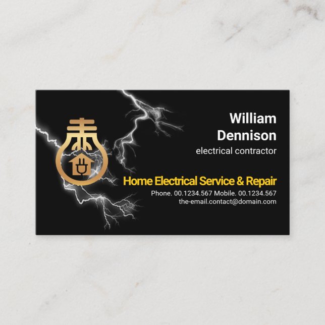 Tarjeta De Visita Rayo Strike Faux Gold Bulb Electrician (Anverso)