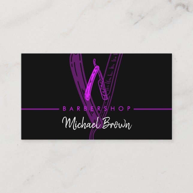 Tarjeta De Visita Razor Barber shop morado negro (Anverso)