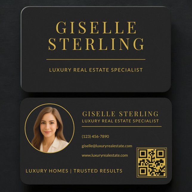 Tarjeta De Visita Real Estate Agent  Black Gold QR Code (Subido por el creador)