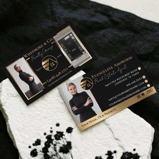 Tarjeta De Visita Real Estate Agent Broker Luxury Black Gold Photo (Real Estate Agent Broker Luxury Black Gold Photo Business Card)