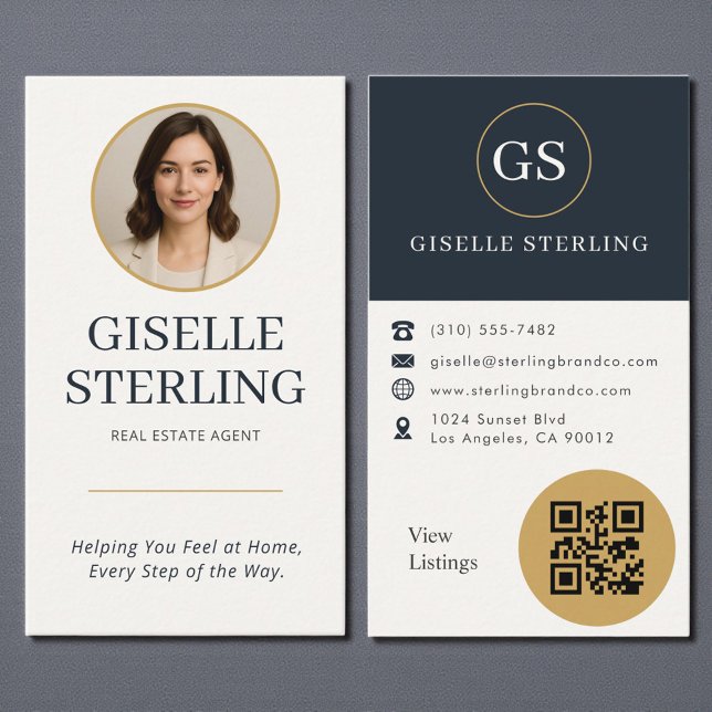 Tarjeta De Visita Real Estate Agent Gold & Navy Photo QR Code Modern (Subido por el creador)