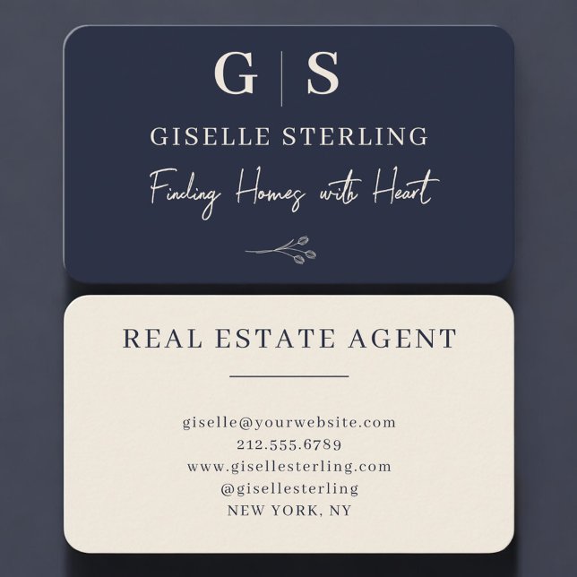 Tarjeta De Visita Real Estate Agent Navy Blue Monogram (Subido por el creador)
