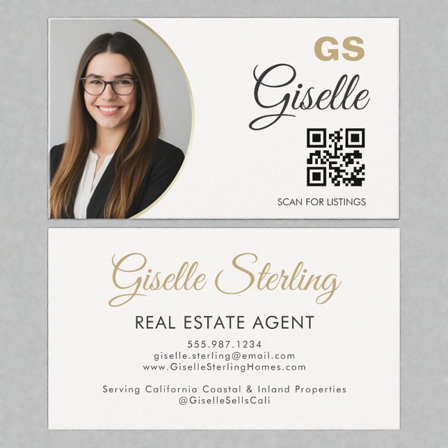 Tarjeta De Visita Real Estate Agent Neutral Gold Photo QR Code  (Subido por el creador)