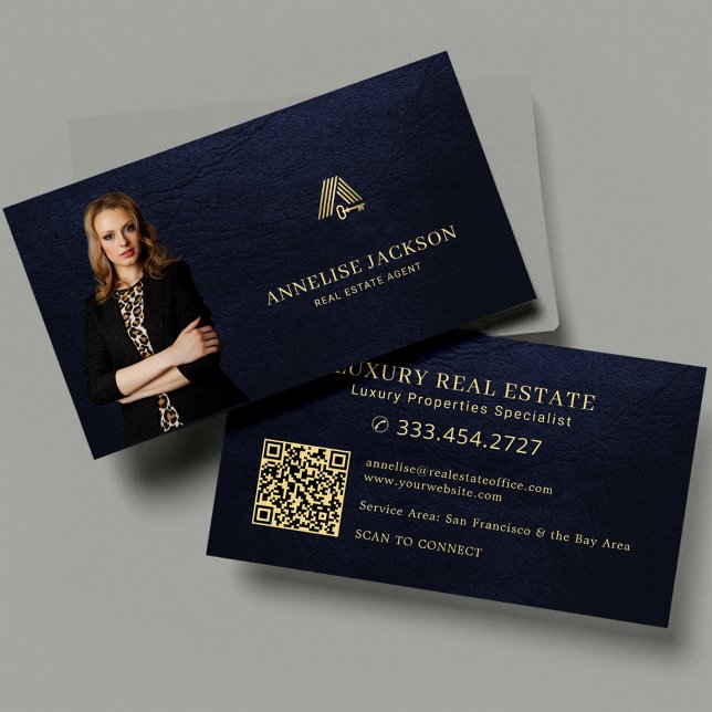 Tarjeta De Visita Real estate agent QR code photo luxury navy gold (Subido por el creador)