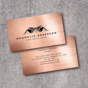 Tarjeta De Visita Real Estate Agent Rose Gold Brushed Metal 