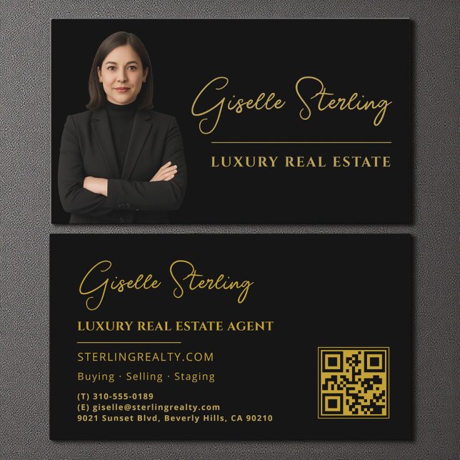 Tarjeta De Visita Real Estate Black Gold QR Code Script Luxury (Subido por el creador)