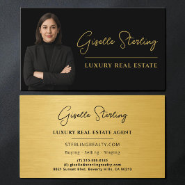 Tarjeta De Visita Real Estate Black Gold Script Luxury Metallic
