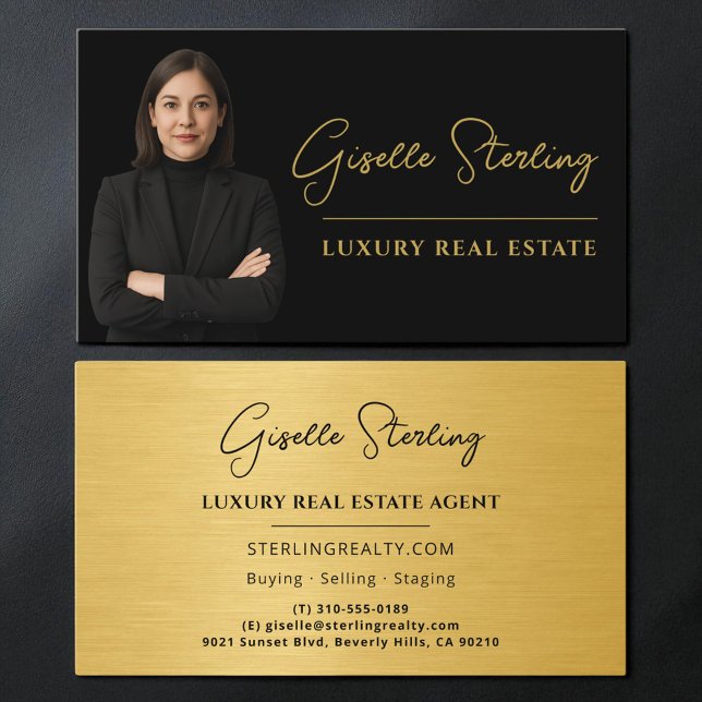 Tarjeta De Visita Real Estate Black Gold Script Luxury Metallic (Subido por el creador)