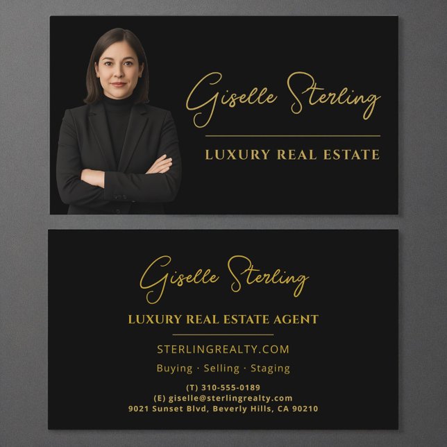 Tarjeta De Visita Real Estate Black Gold Script Profesional de lujo (Subido por el creador)