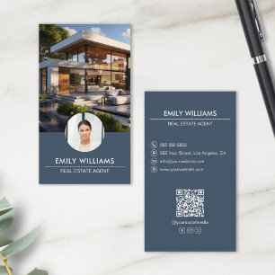 Tarjeta De Visita Real Estate Blue Photo QR Code Medios Sociales