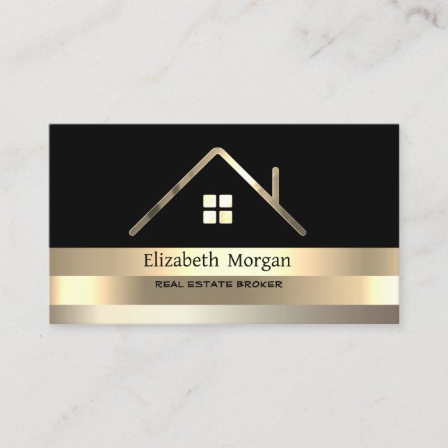 Tarjeta De Visita Real Estate Broker House Gold Stried Roof Black (Anverso)