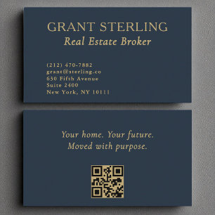 Tarjeta De Visita Real Estate Broker Navy Blue Gold Código QR