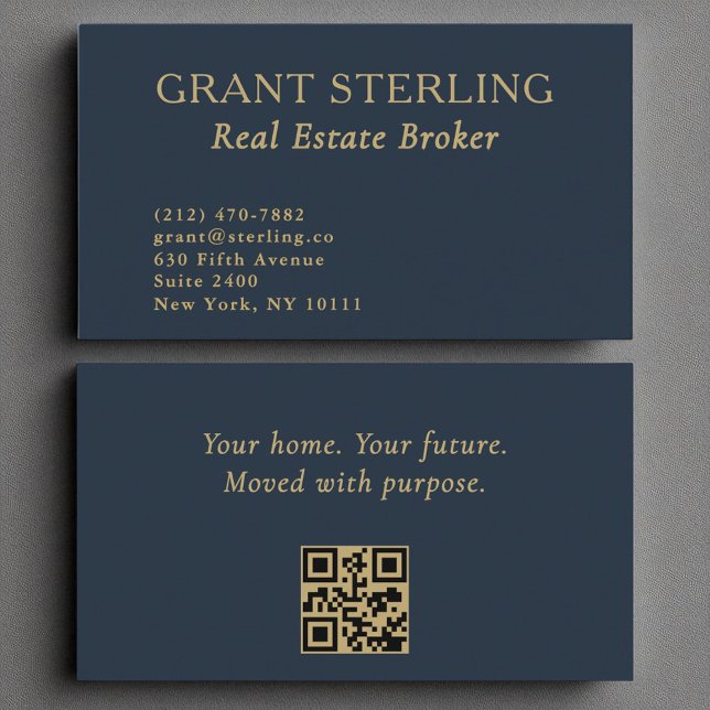 Tarjeta De Visita Real Estate Broker Navy Blue Gold Código QR (Subido por el creador)