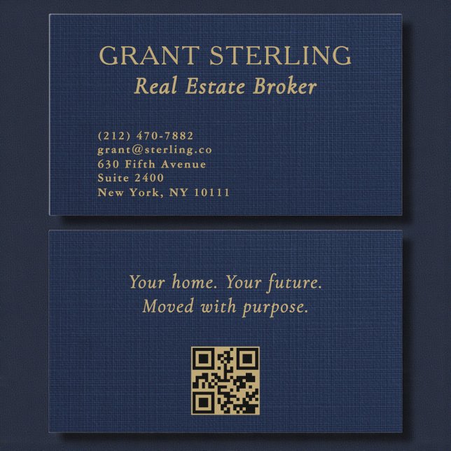Tarjeta De Visita Real Estate Broker Navy Blue Gold Linen QR Code  (Subido por el creador)