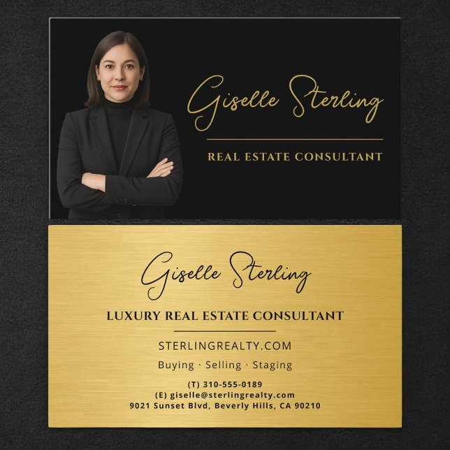 Tarjeta De Visita Real Estate Consultant Black Gold Metallic (Subido por el creador)