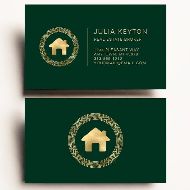 Tarjeta De Visita Real Estate House Logo Greek Key Frame Green Gold (Subido por el creador)