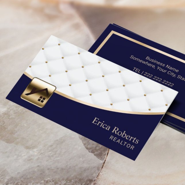 Tarjeta De Visita Real Estate Luxury Quilted Modern Navy Gold Agent (Subido por el creador)