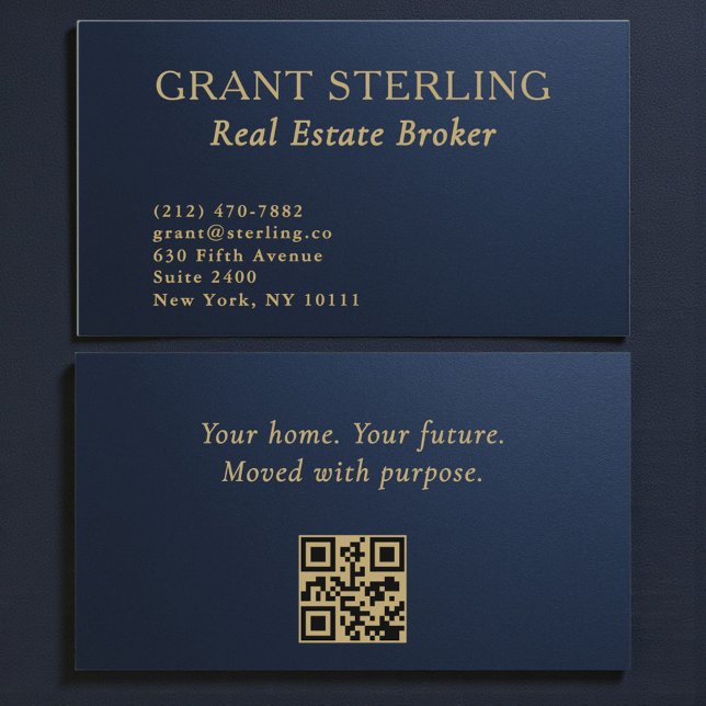 Tarjeta De Visita Real Estate Navy Blue Gold Metallic QR Code  (Subido por el creador)