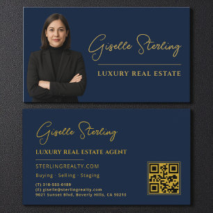 Tarjeta De Visita Real Estate Navy Blue Gold QR Código Script de luj