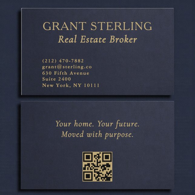 Tarjeta De Visita Real Estate Navy Blue Gold Slate Stone QR Code  (Subido por el creador)
