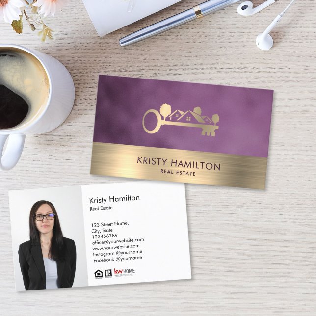 Tarjeta De Visita real estate professional realtor key add photo bus (gold key and houses logo real estate business card with purple background)