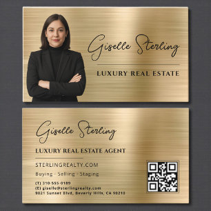 Tarjeta De Visita Real Estate QR Code Photo Faux Gold Metallic