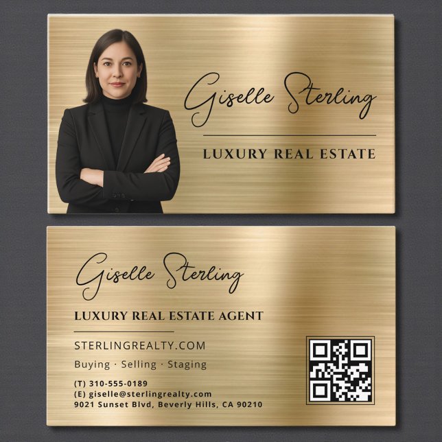 Tarjeta De Visita Real Estate QR Code Photo Faux Gold Metallic (Subido por el creador)
