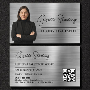 Tarjeta De Visita Real Estate QR Code Photo Faux Silver Metallic