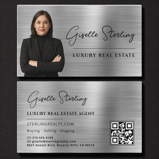 Tarjeta De Visita Real Estate QR Code Photo Faux Silver Metallic (Subido por el creador)