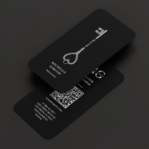 Tarjeta De Visita Real Estate Realtor Elegant Black Silver Key