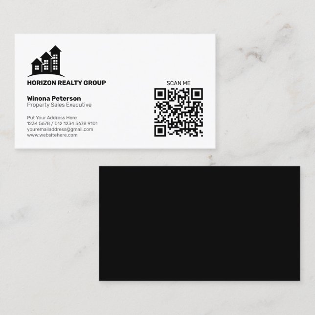 Tarjeta De Visita Real Estate Simple Negro y Blanco Código QR de un  (Anverso / Reverso)