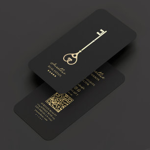 Tarjeta De Visita Realtor Black Gold Key Modern Elegant Broker