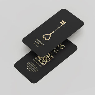 Tarjeta De Visita Realtor Black Gold Key Monograma Real Estate moder
