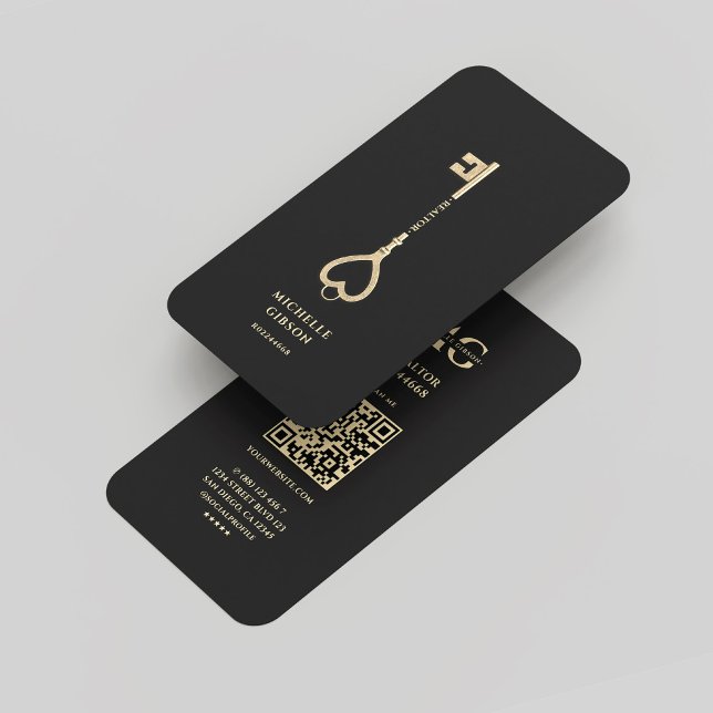 Tarjeta De Visita Realtor Black Gold Key Monograma Real Estate moder (Realtor Black Gold Key Monogram Real Estate Modern Business Card
)