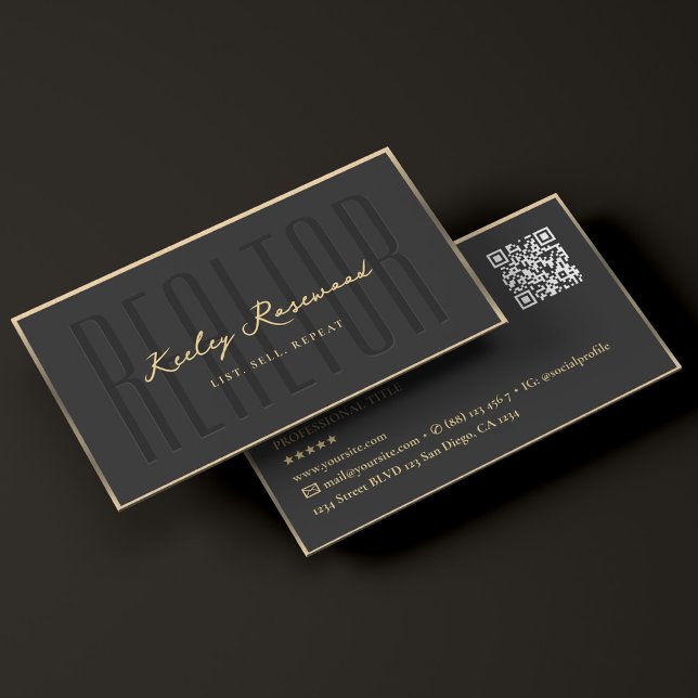 Tarjeta De Visita Realtor Elegante Marco dorado negro moderno (Realtor Elegant Black Gold Frame Modern Business Card
)
