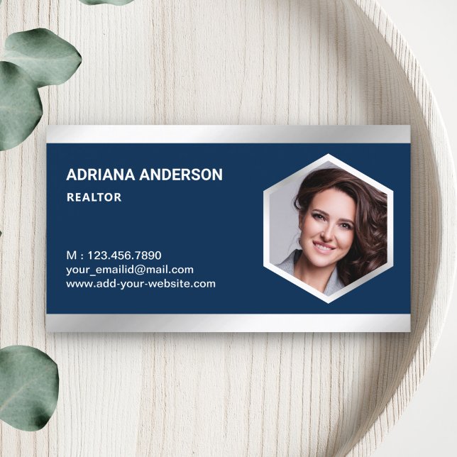 Tarjeta De Visita Realtor fotográfico de plata de acero azul de la m (Subido por el creador)
