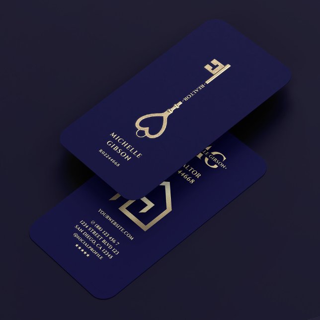 Tarjeta De Visita Realtor Gold Key House Moderno Midnight Blue (Realtor Gold Key House Modern Midnight Blue Business Card
)