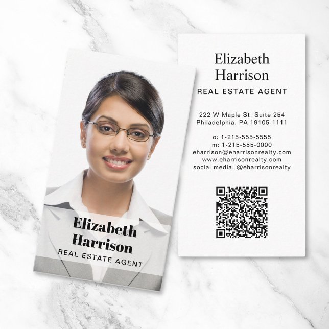 Tarjeta De Visita Realtor inmobiliario de código QR fotográfico prof (Make a lasting impression with this modern business card featuring your photo and scannable QR code)