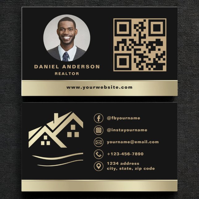 Tarjeta De Visita Realtor inmobiliario Gold Black QR Code (Subido por el creador)